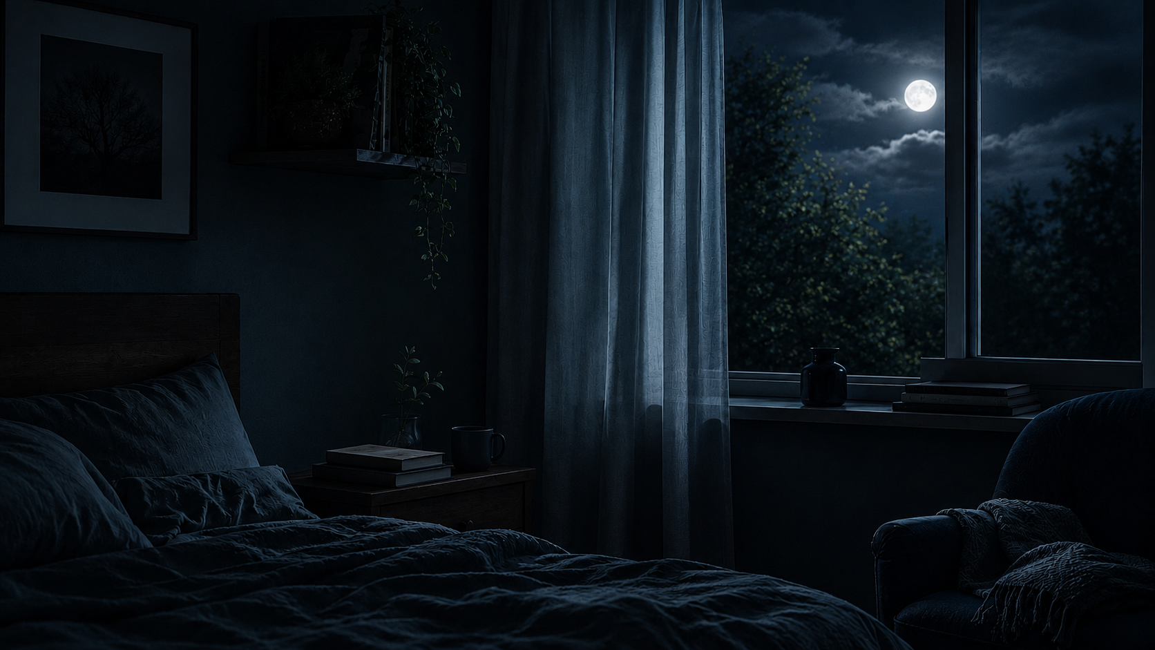 Schlafzimmer bei Nacht als Symbol für Grübeln und das Default Mode Network.