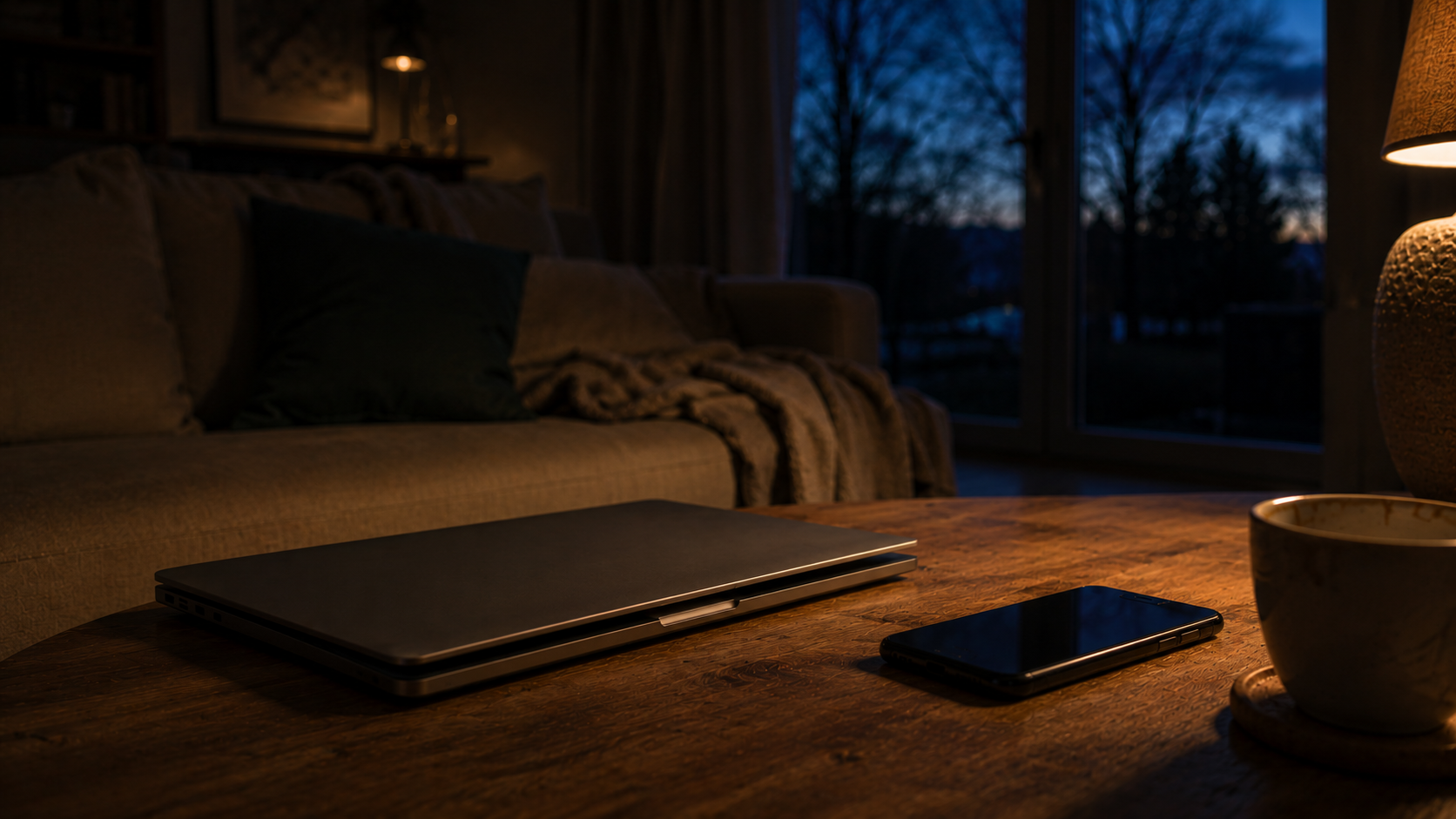 Warum du nicht mehr abschalten kannst – Nervensystem und chronischer Stress Wohnzimmer am Abend mit halb geöffnetem Laptop und Smartphone auf einem Holztisch – Symbol für chronischen Stress und ein Nervensystem, das nicht abschalten kann.