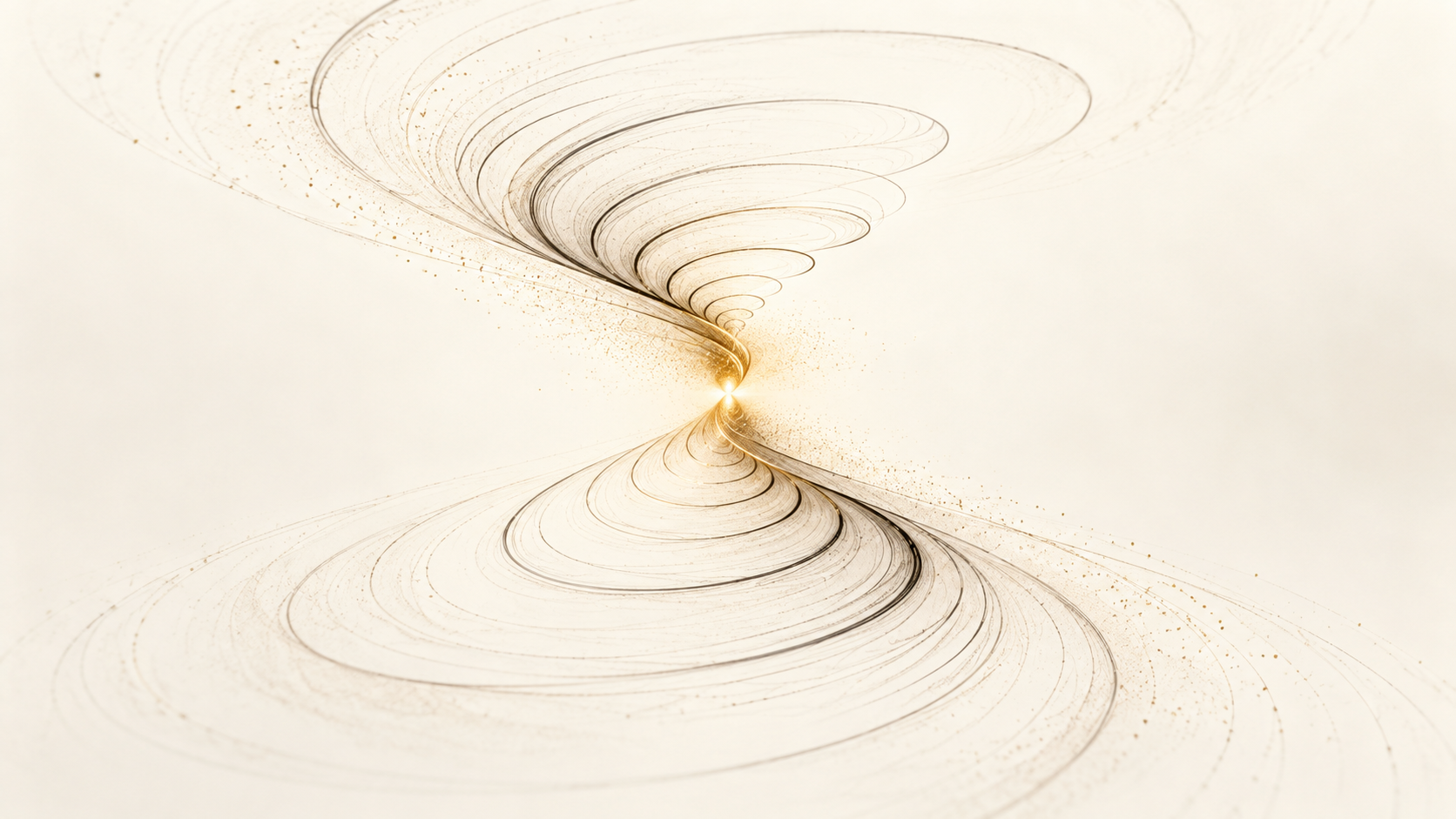 Zwei Spiralen verdichten sich in einem goldenen Mittelpunkt als Symbol für Stille, Sammlung und den Stillpoint vor einer Entscheidung